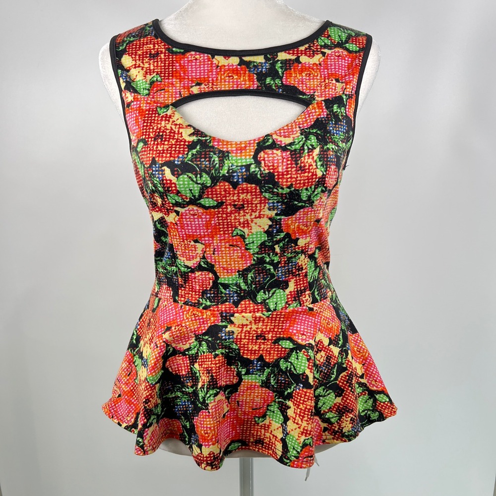 Fashion Dazzle Floral Peplum Top Sleeveless‎ Cutout Multi Color Scoop Back Y2K S